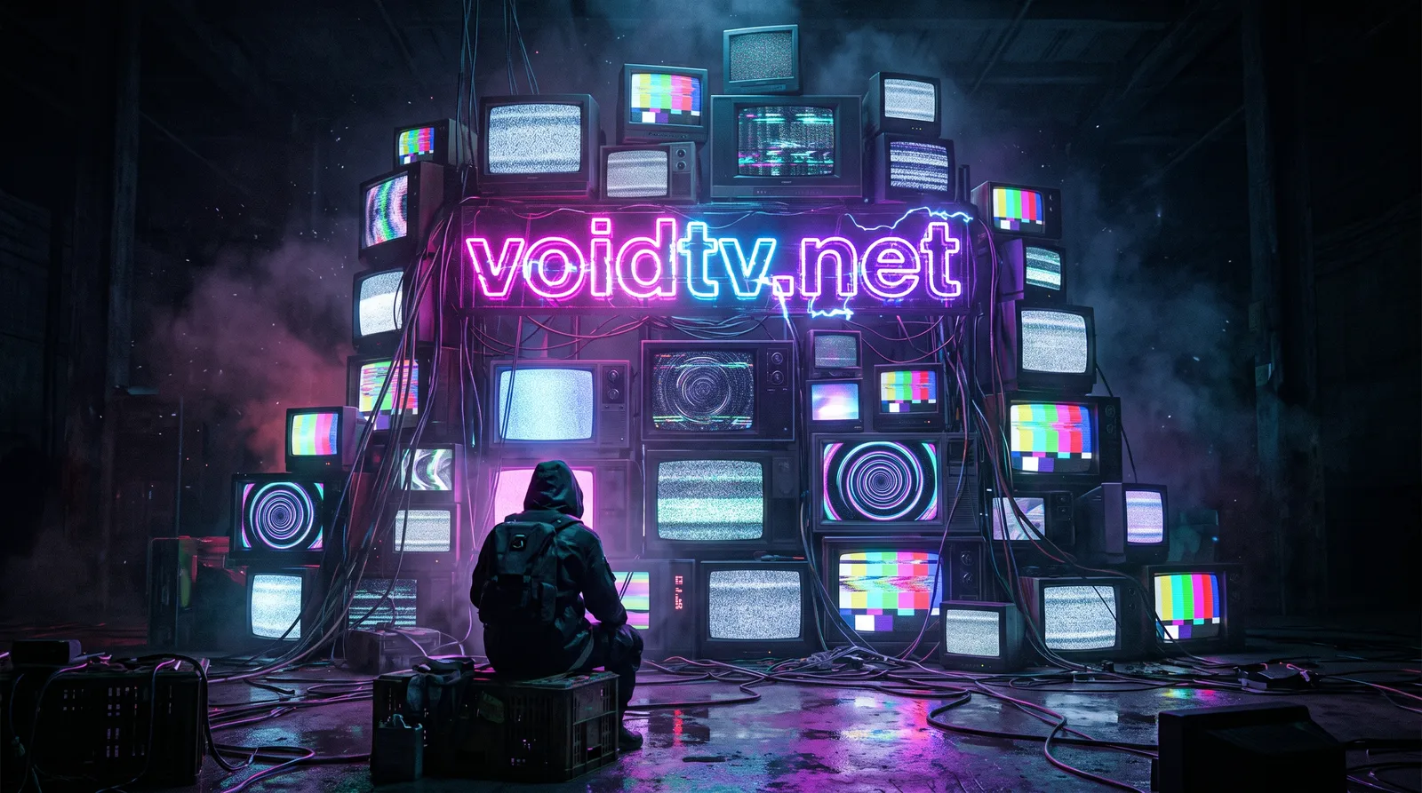 The voidtv.net neon sign over a wall of TVs, with a viewer watching